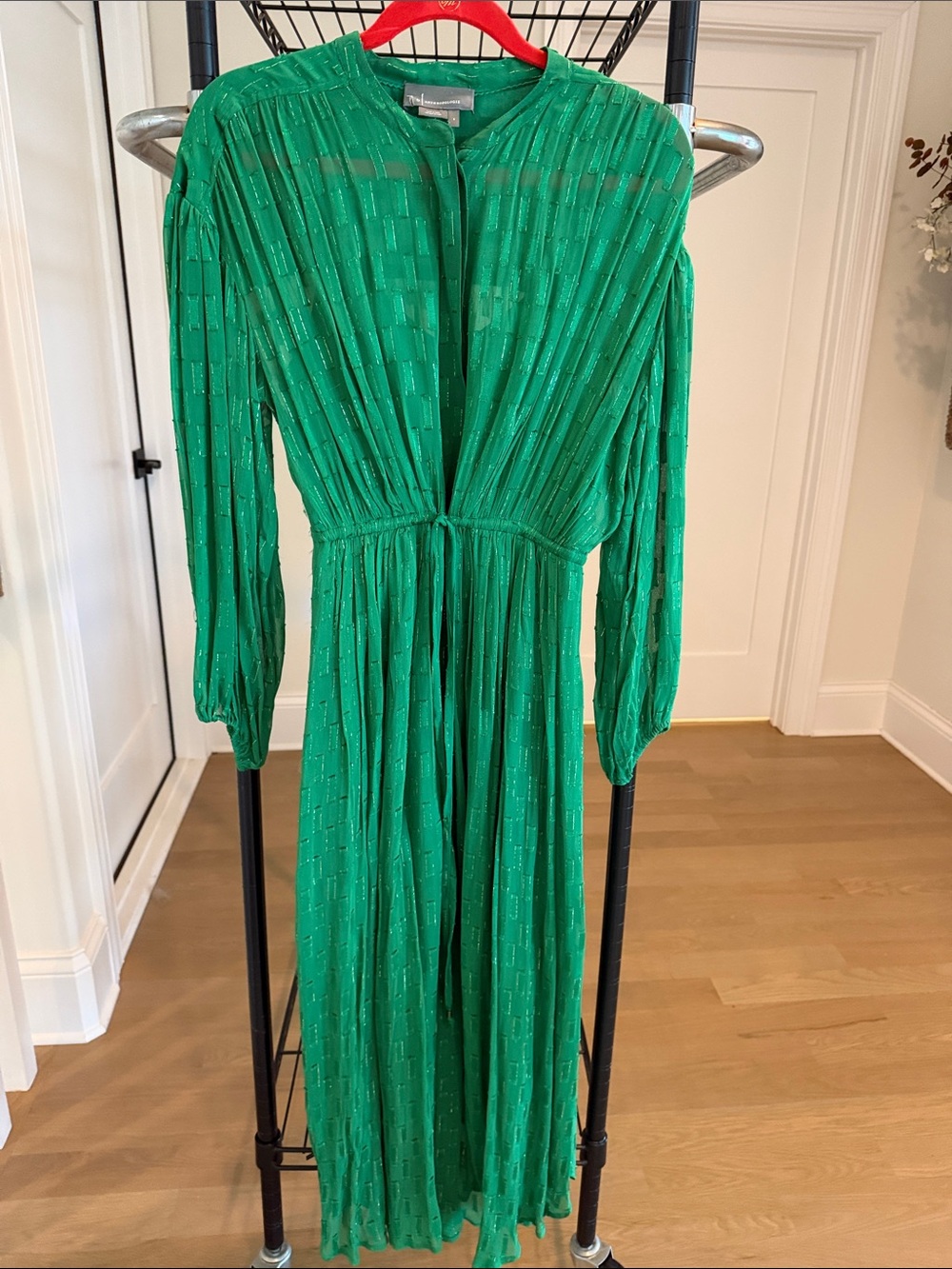 anthropologie emerald green dress | Dresses | Anthropologie Pleated Maxi With Waist Tie anthropologie green satin dress Light Blue Midi Dress Foot Size:7.5 Bark-decrease-Aug